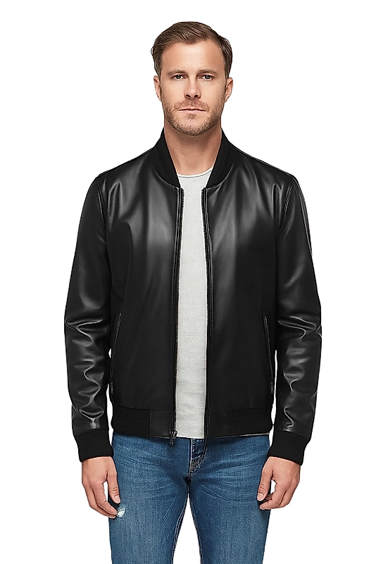 Kolej Tarzı Hakiki Deri Erkek Siyah Spor Mont