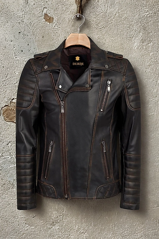 Modric Hakiki Deri Erkek Vintage Eskitme Biker Motorcu Tarzı Mont