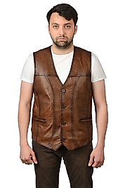 Texas Hakiki Deri Erkek Taba Punto Dikişli Yelek