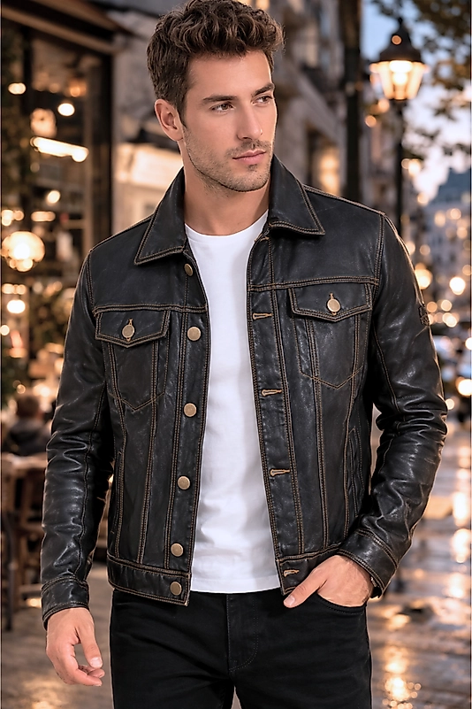Sanchez Hakiki Deri Erkek Siyah Kot Model Ceket