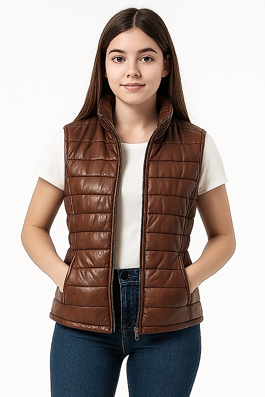 Amaya Hakiki Deri Kahve/Siyah Çift Taraflı Kadın Şişme Yelek