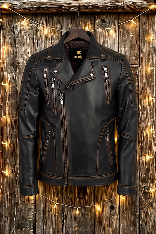 Lucas Hakiki Deri Motorcu Tarzı Vintage Erkek Biker Mont
