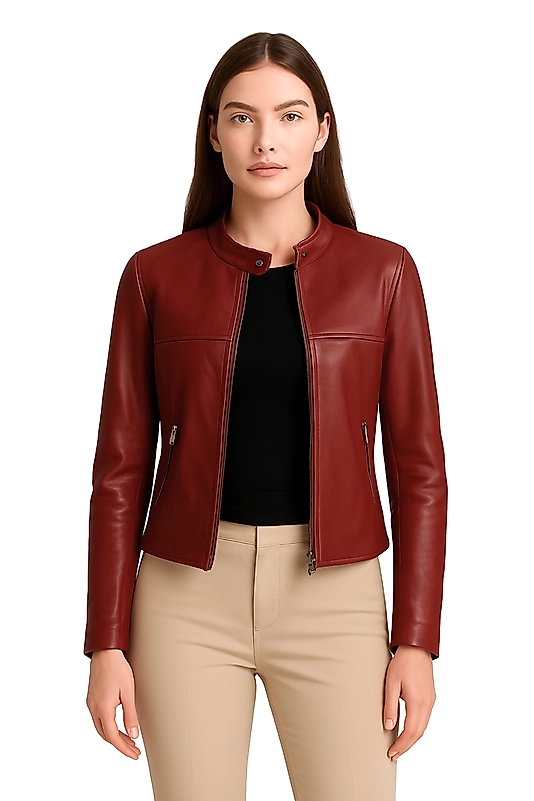 Viola Hakiki Deri Kadın Basic Ceket Kırmızı