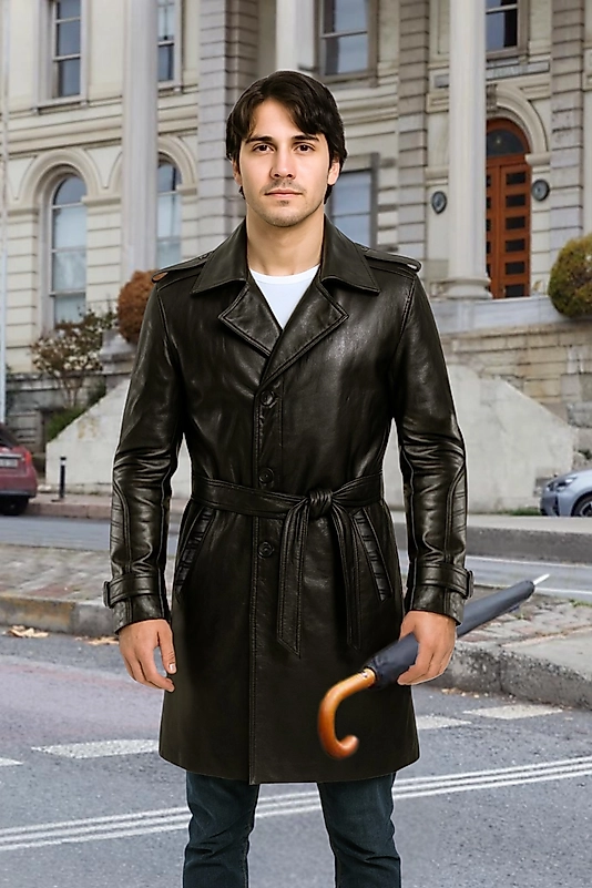 Patrick Hakiki Deri Erkek Siyah Kuşaklı Pardesü