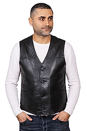 Texas Hakiki Deri Erkek Siyah Punto Dikişli Yelek