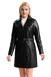 Betty Hakiki Deri Kadın Siyah Trençkot