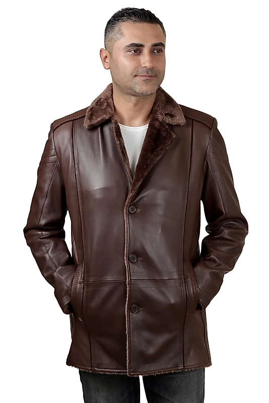 Alanzo Hakiki Deri Erkek Kestane Karartma Kürklü Kaban