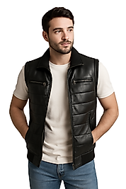 Max Hakiki Deri Erkek Siyah Triko Detaylı Şişme Yelek