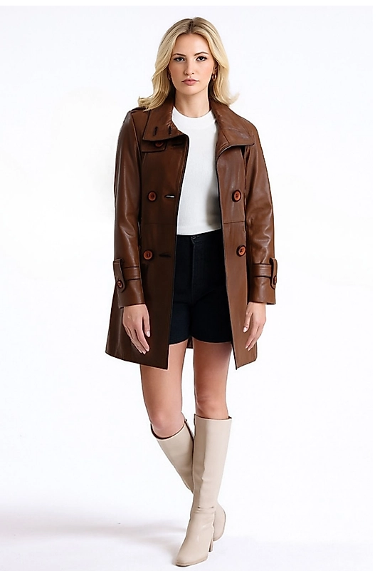 Luisa Hakiki Deri Kadın Taba Trençkot