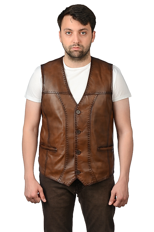 Texas Hakiki Deri Erkek Taba Punto Dikişli Yelek