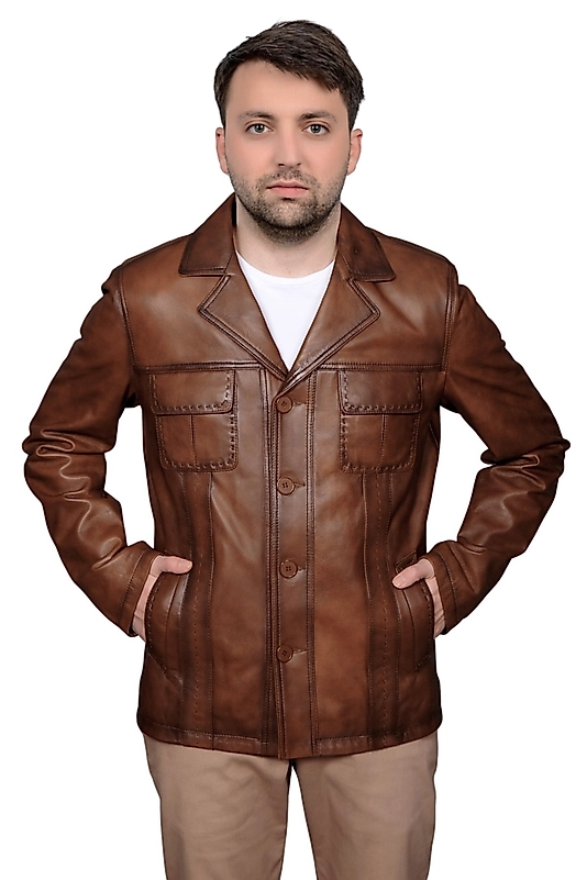 Gomez Hakiki Deri Erkek Taba Punto Dikiş Detaylı Ceket