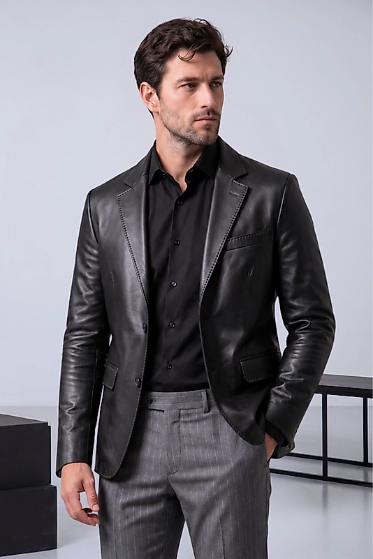 Diego Hakiki Kuzu Deri Erkek Siyah Blazer Ceket