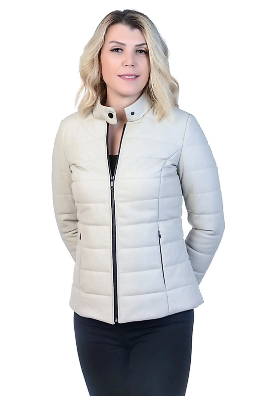 Mira Hakiki Deri Ekru Kadın Şişme Ceket