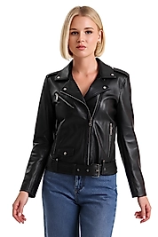Faye Hakiki Deri Kadın Siyah Biker Motorcu Tarzı Mont