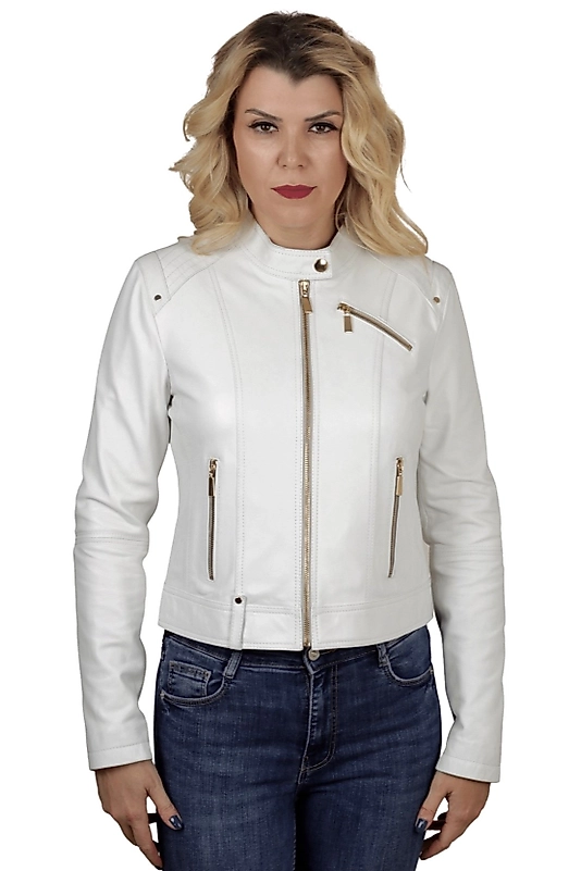 Maya Hakiki Deri Kadın Beyaz Ceket