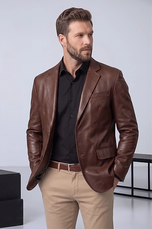 Diego Hakiki Kuzu Deri Erkek Kahverengi Blazer Ceket