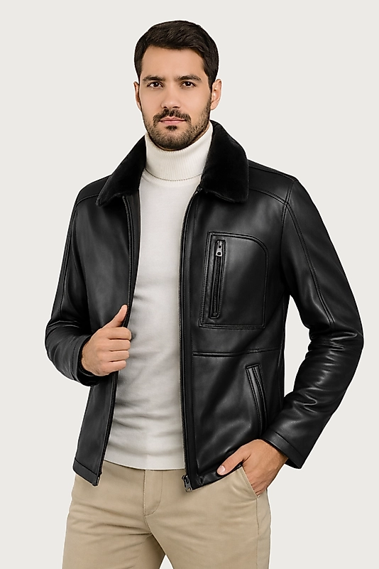 Carlos Hakiki  Deri Erkek Siyah Seyyar Kürk Yaka Mont