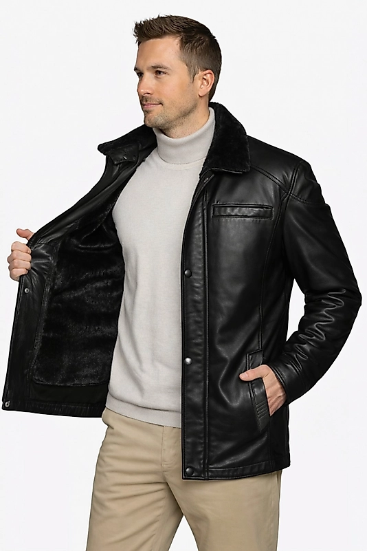 Enzo Hakiki Kuzu Derisi Erkek Siyah Çıkarılabilir Kürk Detaylı Mont