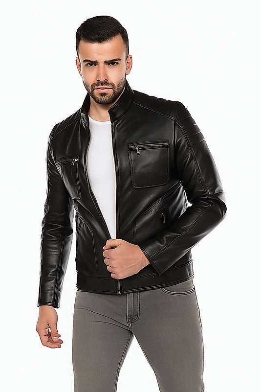 Albert Hakiki Deri Erkek Siyah Mont