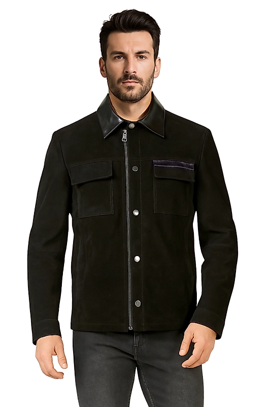 Oscar Hakiki Süet Erkek Siyah Deri Detaylı Ceket