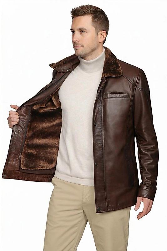 Enzo Hakiki Kuzu Derisi Erkek Kestane Çıkarılabilir Kürk Detaylı Mont