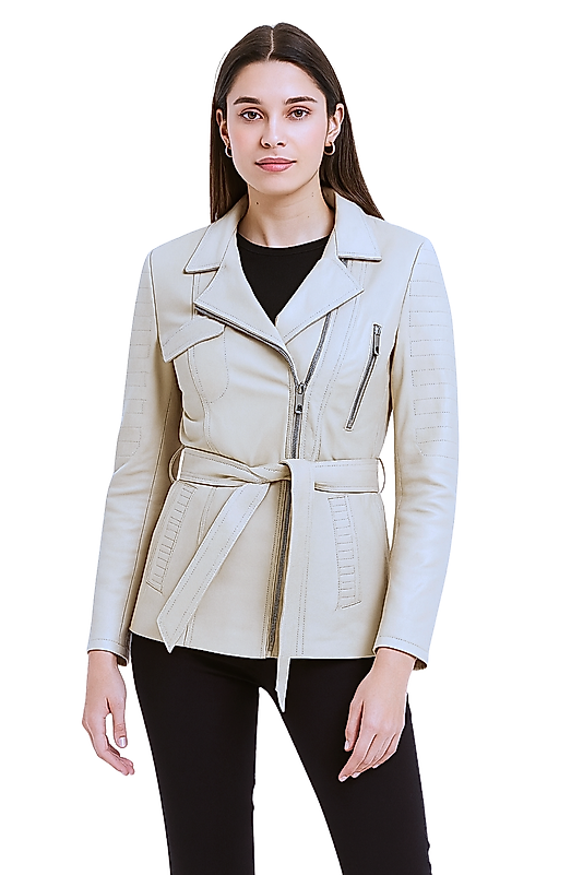 Perla Hakiki Deri Kadın Ekru Ceket