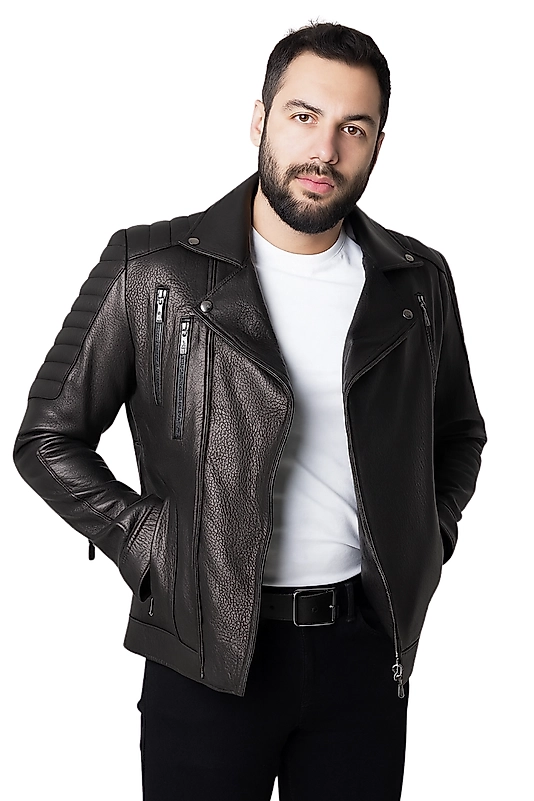 Lucas Hakiki Jumbo Deri Erkek Siyah Biker Motorcu Tarzı Mont