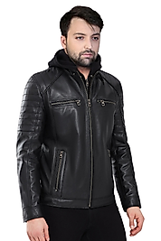 Danny Hakiki Deri Erkek Siyah Kapüşonlu Mont