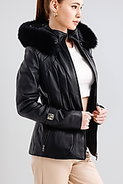 Ursula Hakiki Deri Kadın Siyah Kürklü Kapüşonlu Mont