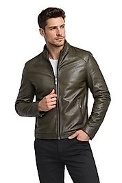 Puyol Hakiki Jumbo Deri Erkek Haki Yeşil Mont