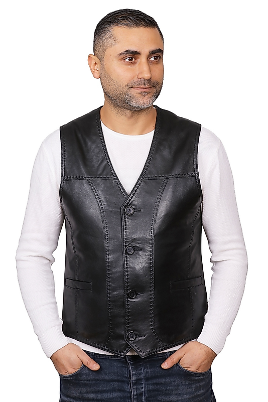 Texas Hakiki Deri Erkek Siyah Punto Dikişli Yelek