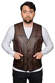 Texas Hakiki Deri Erkek Kahverengi Punto Dikişli Yelek