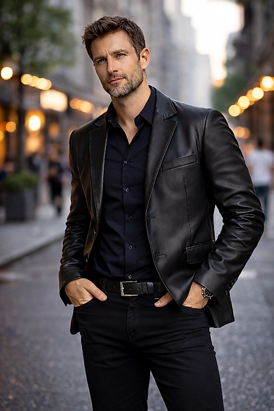 Derije Diego Hakiki Kuzu Deri Erkek Siyah Blazer Ceket