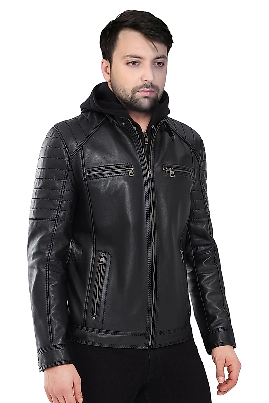 Danny Hakiki Deri Erkek Siyah Kapüşonlu Mont